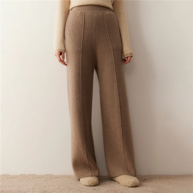 Casual Women's Straight-leg Wide-leg Pants Soft Elastic Waist 100% Cashmere Knitted Fashion Pocket High Quality Warm Bottoms