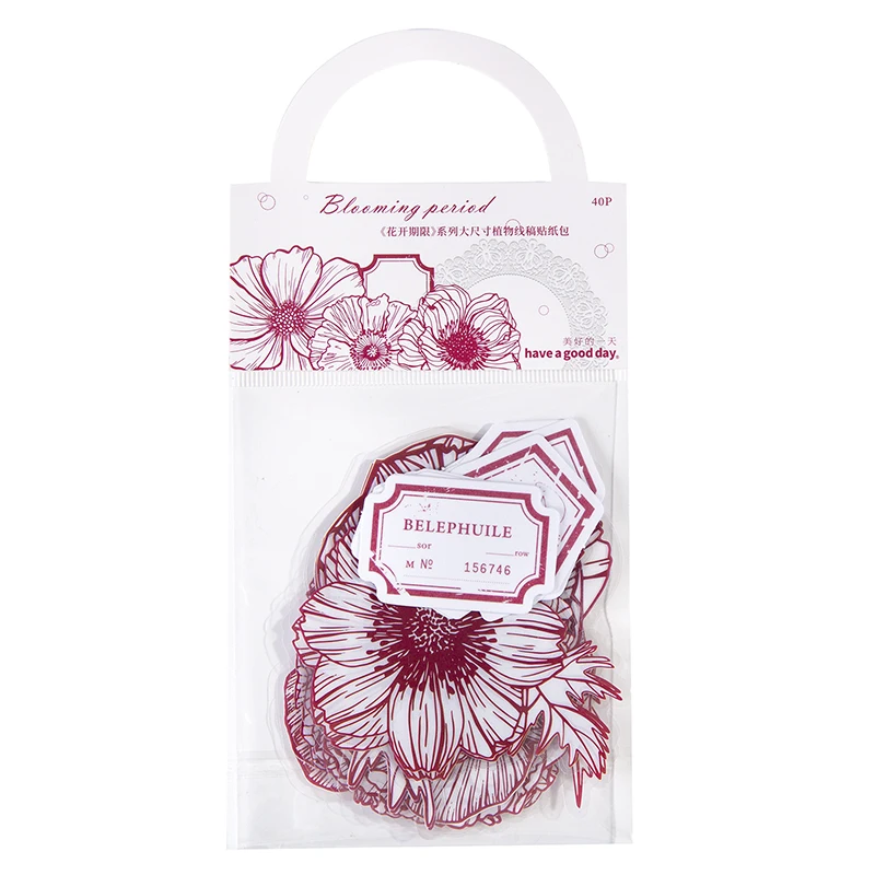 40pcs Plant Line Drawing PET Pack Sticker Pack for DIY Handbook Collage Backing Decoration Label Stickers Album DIY Scrapbooking