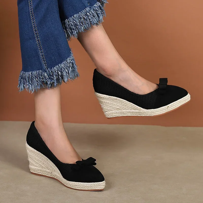 8cm Plus Size 34-42 Breathable Shallow Flock Platform Wedges Shoes Women 2023 Fall Bow High Heels Pumps for Office Mom Dance