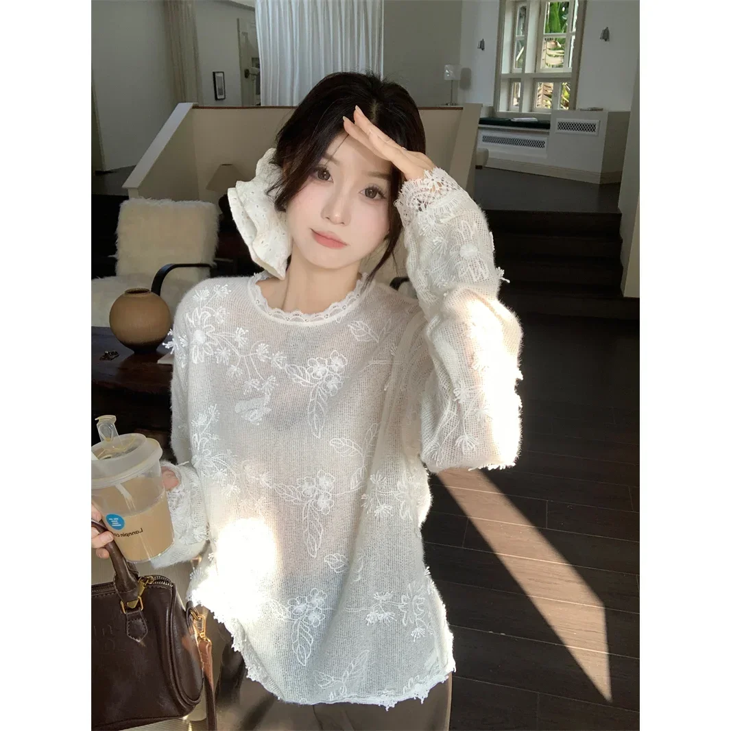 

Тонкий вязаный свитер во французском стиле, нежный кружевной вязаный крючком свитер с длинными рукавами, женский осенний новый пуловер, белый топ