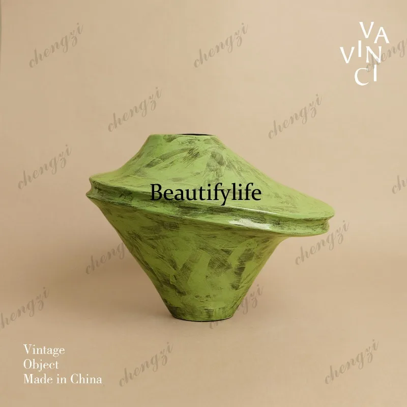 Retro turquoise ceramic vase ornament New Chinese light luxury pottery pot flower arrangement ornament
