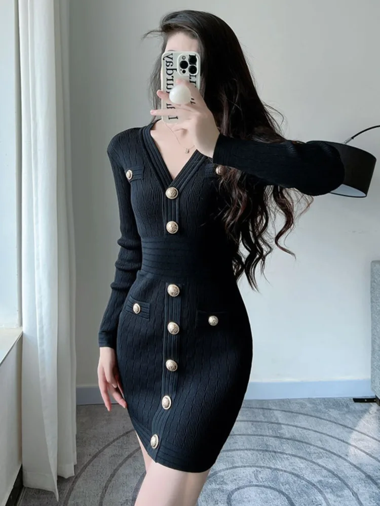 Kobiety z dzianiny sukienka koreański moda wiosna seksowny dekolt w serek z elegancka, długa rękawem Bodycon Slim rozciągliwy sweter sukienka suknia na co dzień Femme