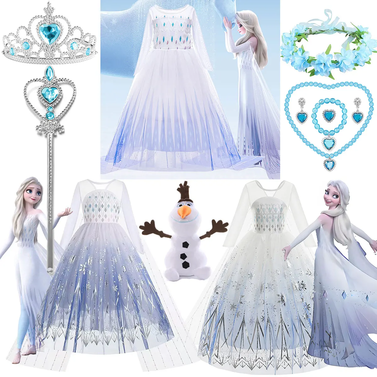 

Disney Princess Elsa White Costume For Girl Cosplay Snow Queen Frozen Dress Autumn Halloween Birthday Party Carnival Dress Set
