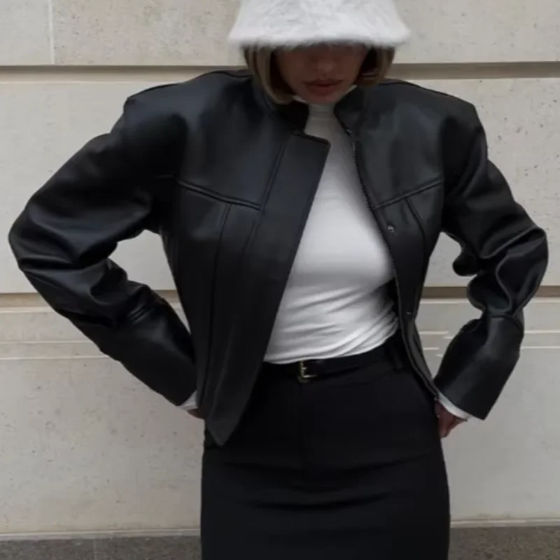 Stylish Cool Girl Faux Short Leather Jacket Elegant Luxury Vintage Smooth Button Coat Women's 2026 Motorcycle High Street Tops