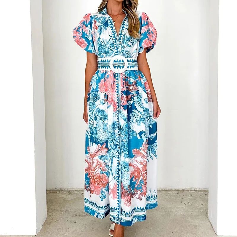 

Women's Summer Puff Sleeved Party Dress Elegant Vacation Commute Single A-Line Maxi Dresses Fashion Office Dress Ladies