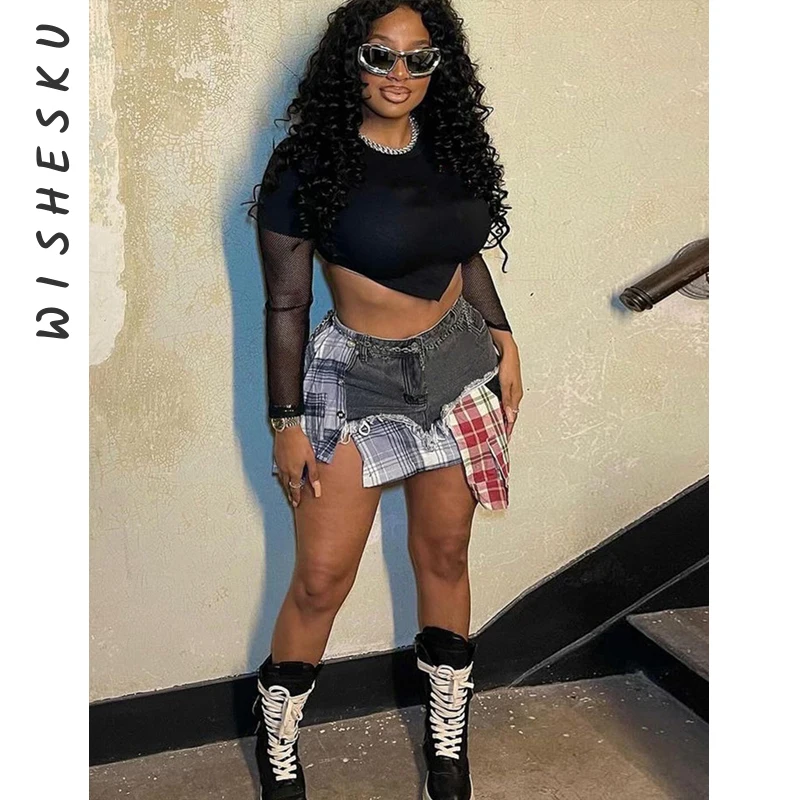 

Women's Denim Mini Skirt High Waist Irregular Lattice Patchwork Slight Strech Patchwork Skirts Summer 2024 Summer Grunge Clothes