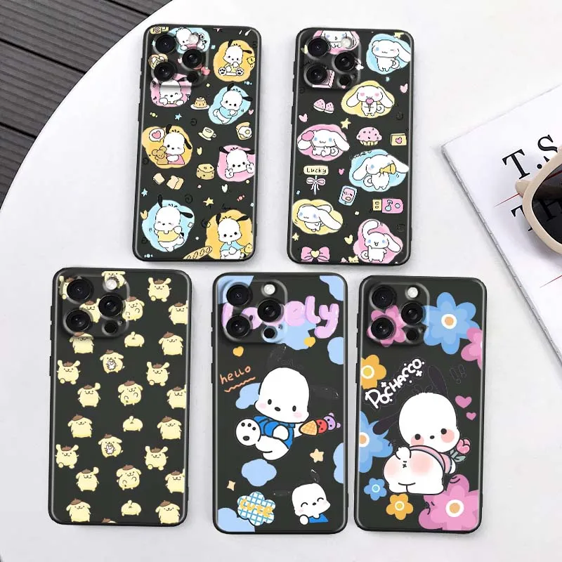 

Sanrio Pochacco Pompompurin For Apple iPhone 16 16E 15 14 13 12 11 XS X Pro Max Plus Black Soft Silicone Cover Phone Case