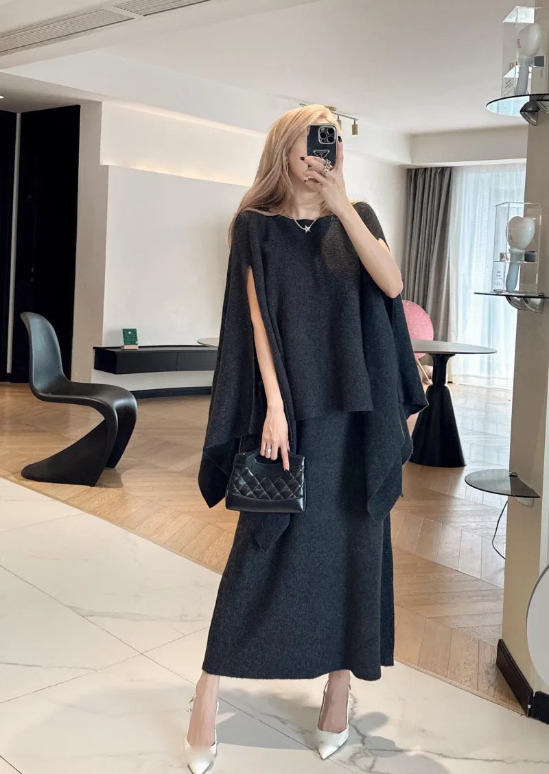 

2024 Autumn/Winter New Women's Dress Fashion Exquisite Wool Knitted Strap Knitted Skirt+Loose Cloak Shawl Casual Set