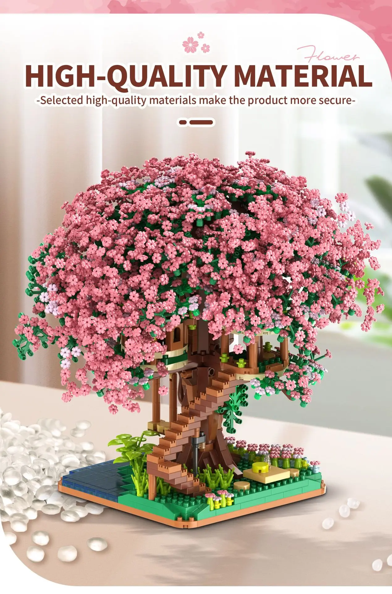 Baumhaus-Baustein-Set, Regenbogen-Sakura, Weihnachten, rote Kirschblüten, 3D-Modell, Mini-Bausteine, Figuren, Spielzeug für die Heimdekoration – Detail 16