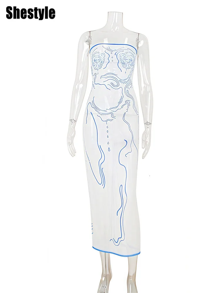 Shestyle Abito lungo a tubino trasparente in rete senza spalline Tubo bianco senza maniche Sheer Blue Paisley Stampa aderente Skinny Club sexy