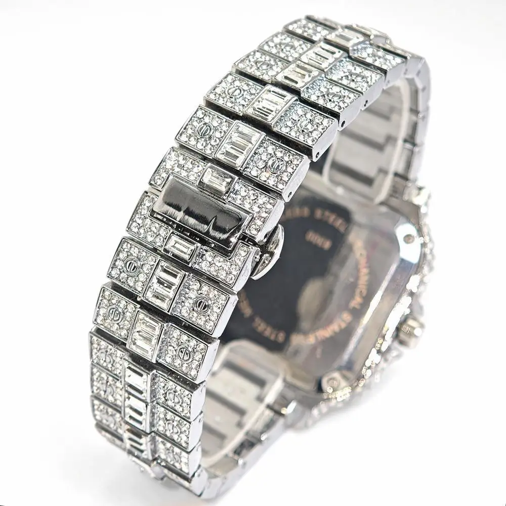 حار بيع مثلج ساعة للرجل موضة ساحة AAA ساعات كوارتز رجالية الهيب هوب مستطيل الماس مجوهرات بلينغ ساعة معصم هدية