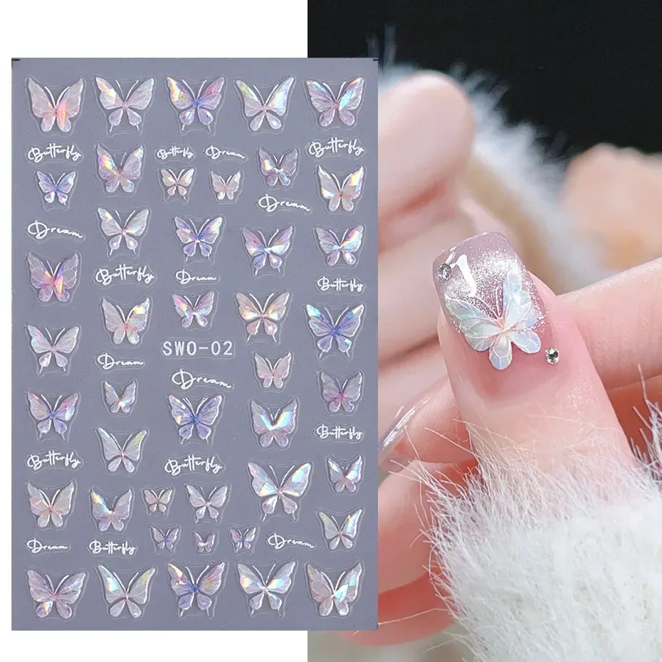 Aurora Shell Butterfly Nail Sticker Shimmer Iridescent Fairy Butterfly Tulip Adhesive Decal Textured Slider Charm Manicure Decor