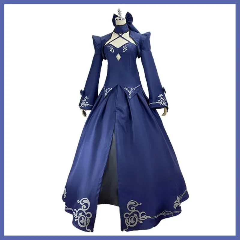 

asdh8@Game Fate/Stay Night Altria Pendragon Cosplay Costume Saber Blue Long Sleeves Evening Dress Combat Uniform Wig Woman Sexy
