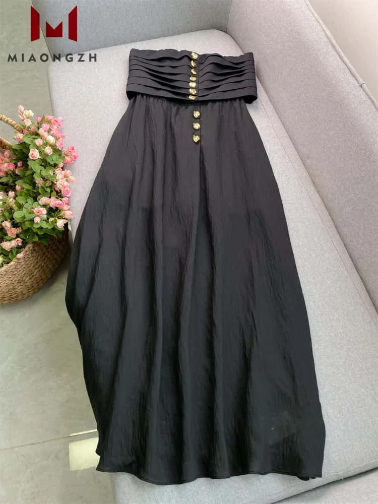 

High End Fashion Black Dress Metal Button Design For Women Sleeveless Strapless 2025 New Temperament Slim Female Party Vestidos