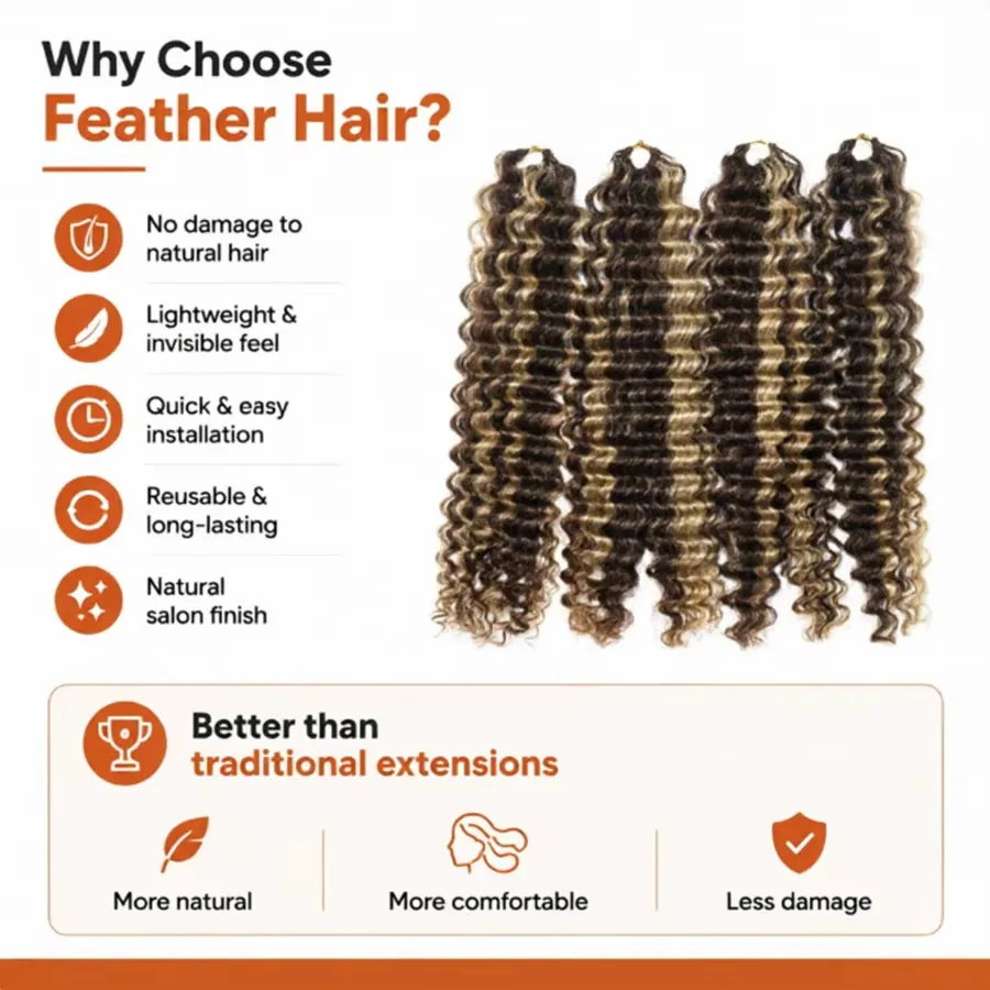 Highlight Colored Deep Wave Feather Crochet Hair 4/27 Curly Pre Looped Pre Separated Knotless Crochet Human Hair For Women Remy