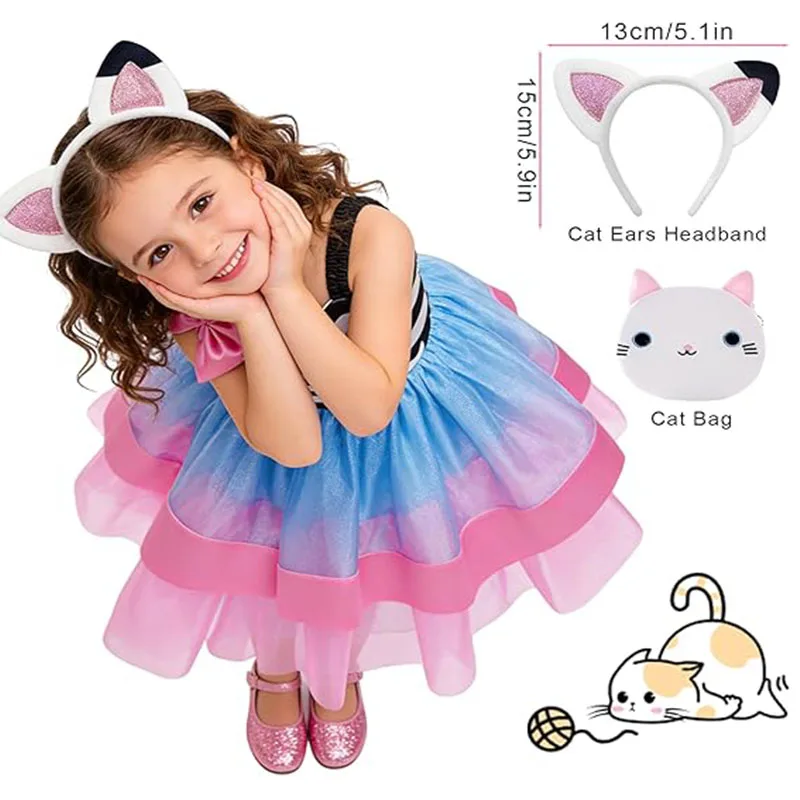 New Movie Cartoon Cat Rainbow Costume For Girls Halloween Kids Princess Birthday Tutu Outfit With Headband Bag Easter Dress up