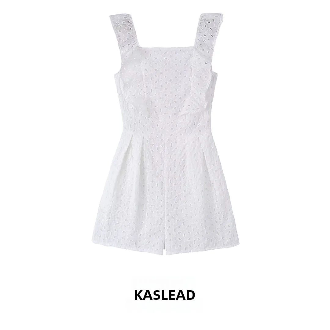 

KASLEAD New Women's Fashion Slimming Heavy Embroidery Sleeveless One-Piece Pants Polyester Fiber mid Waist Short Pants