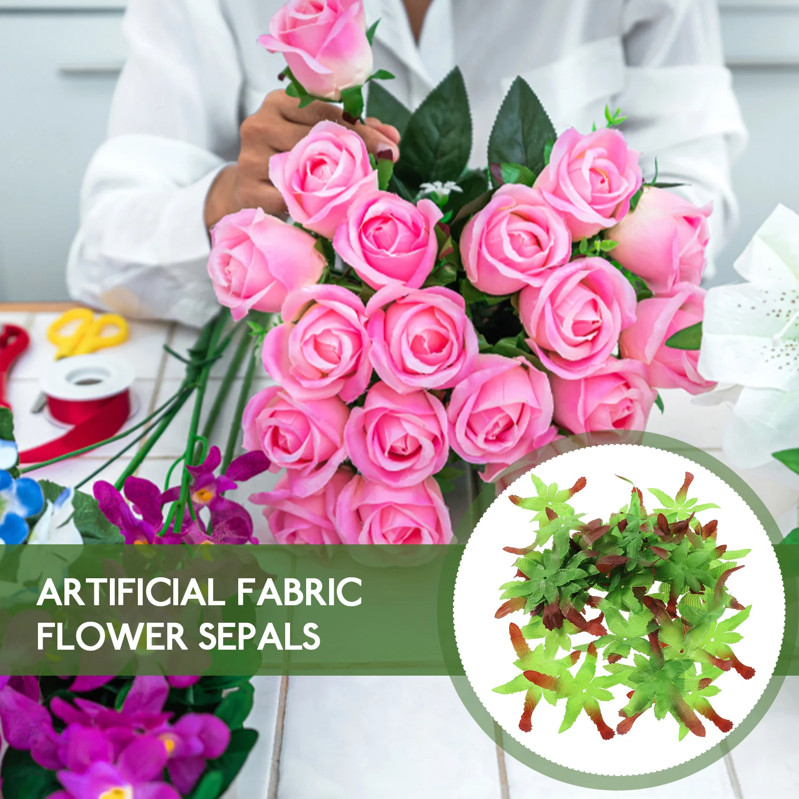 

100Pcs Artificial Flower Sepals Fabric Green Sepals for DIY Soap Rose Craft Realistic Fake Calyxes Flower DIY Materials