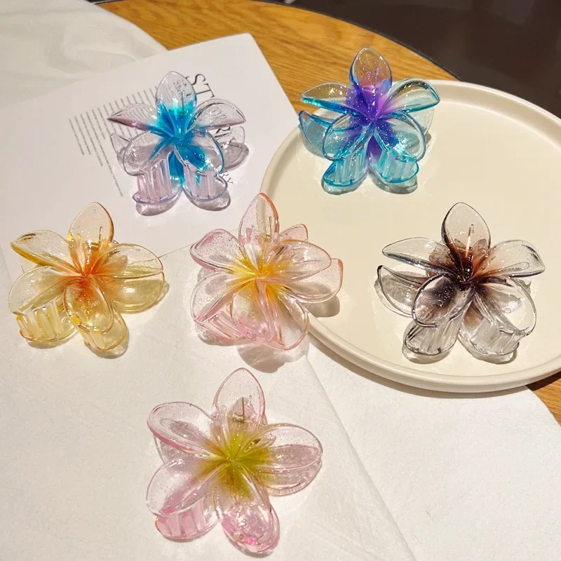 New Fashion Sparkling Flower Claw Clip for Women Transparent Sweet Ponytail Shark Clip Versatile Girl Hair Accessories