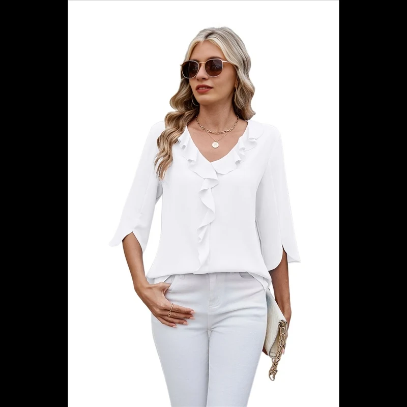 Haut pour femme en mousseline de soie à col en V, coupe ample, à volants, tendance, de haute qualité, nouvelle collection, confortable et premium
