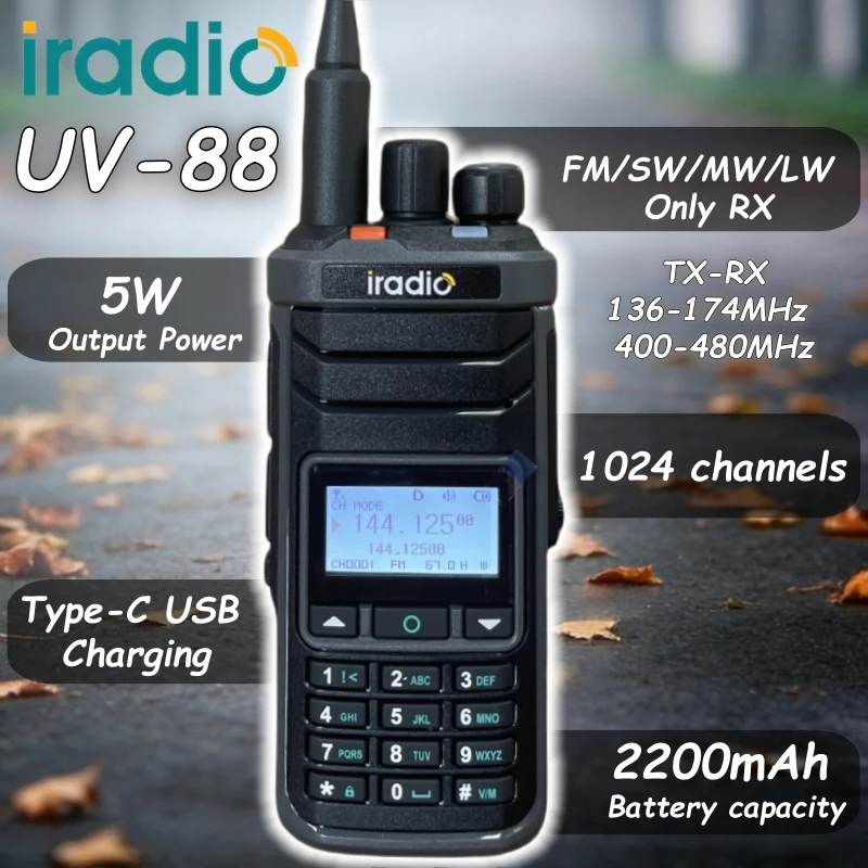 

Iradio Uv-88 Walkie Talkie Многодиапазонная радиолюбительская радиостанция Hf Cb Ssb Am Type-C Зарядка Lsb Cw Lw Mw Sw 1024 канала