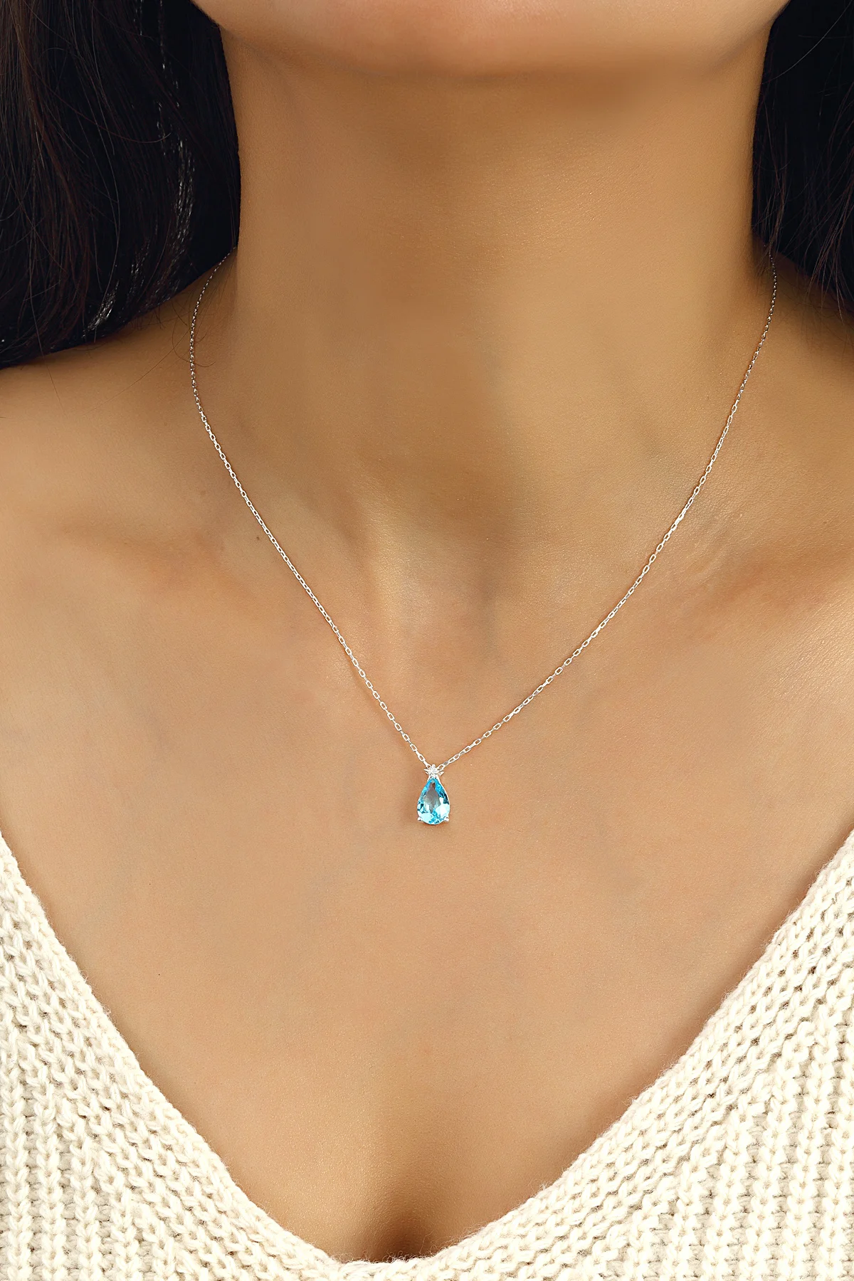 Aquamarine Waterdrop Pendant 925 Sterling Silver Necklace