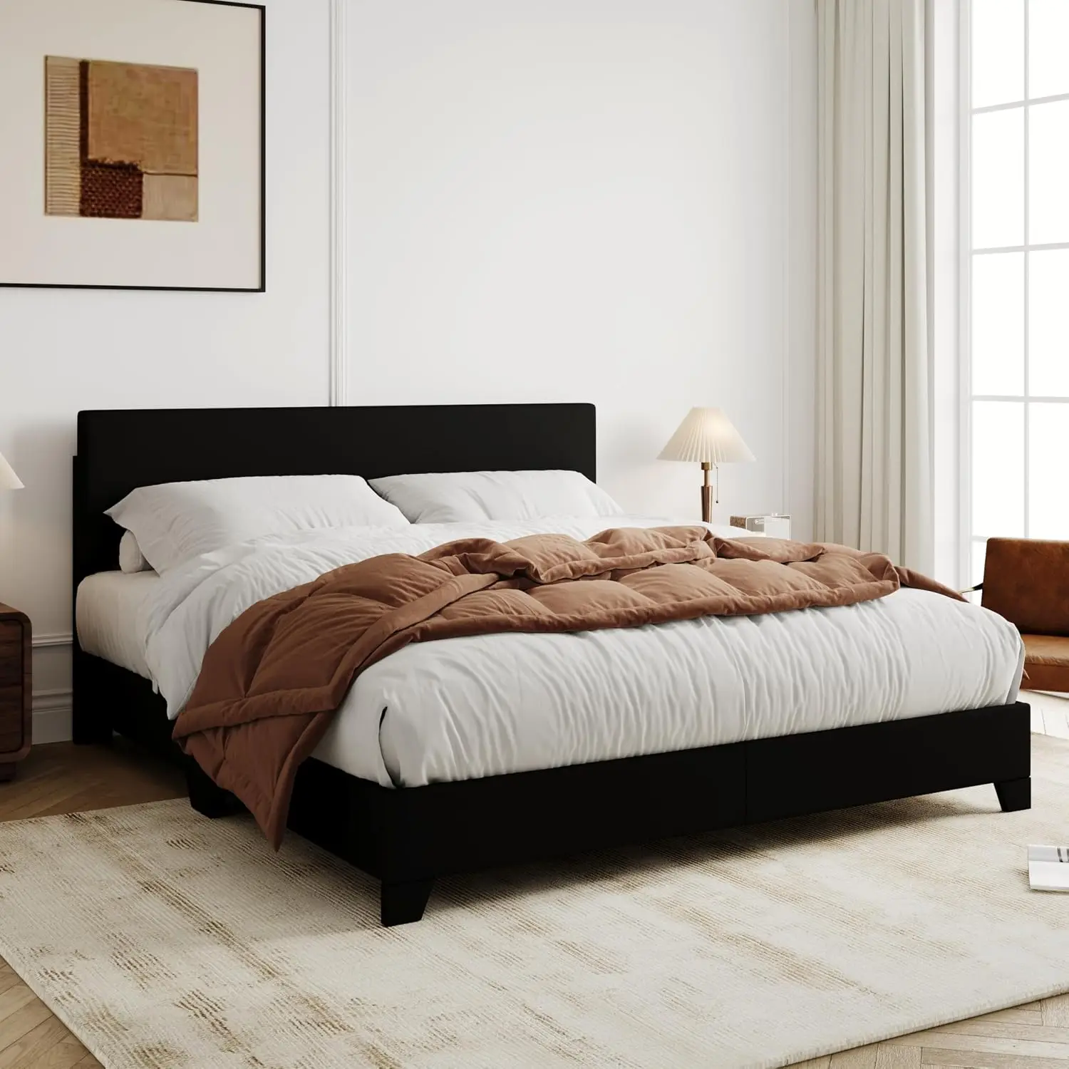 Queen Faux Leather Bed Frame, Adjustable Headboard, Platform with Heavy Duty Wood Slat Support, Noise-Free, Easy Assembly, No Bo