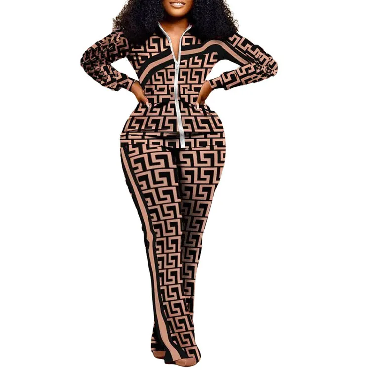 Autumn Winter Fashion Slim Fitting Print Suit Women Long Sleeved Lapel Zipper Top Elastic Waist Trousers Two Piece Set 2024 New