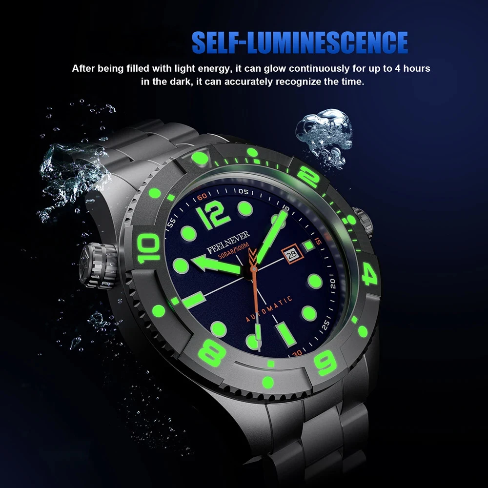 FeelNever Profession Dive Sport Mechanical Watches 316L Stainless Steel Sapphire Crystal 50Bar Auto Date Wristwatch reloj hombre