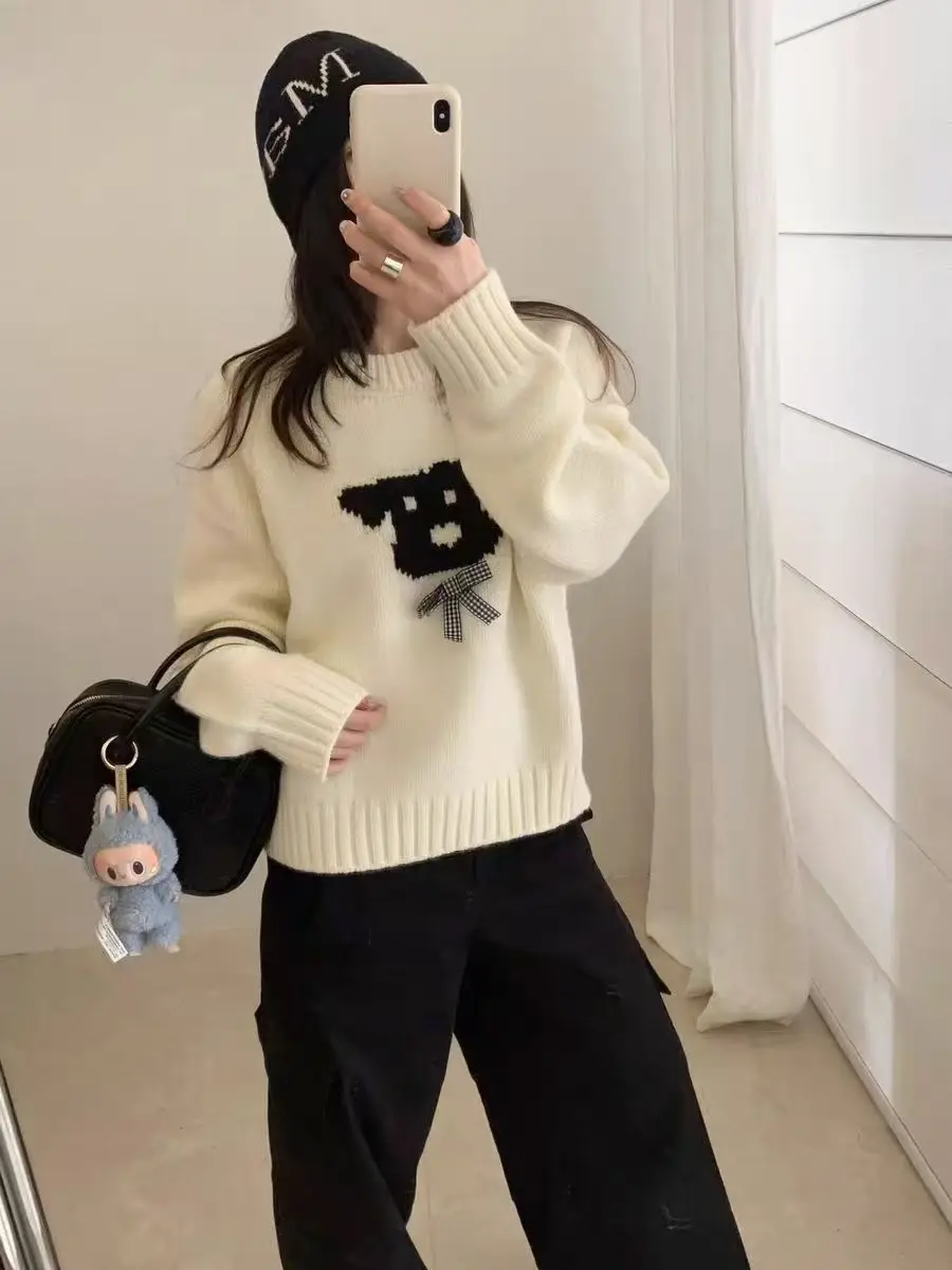 

Корейский вязаный свитер с собачьей головой, женский модный осенне-зимний теплый длинный свек, круглый топ, повседневный удобный