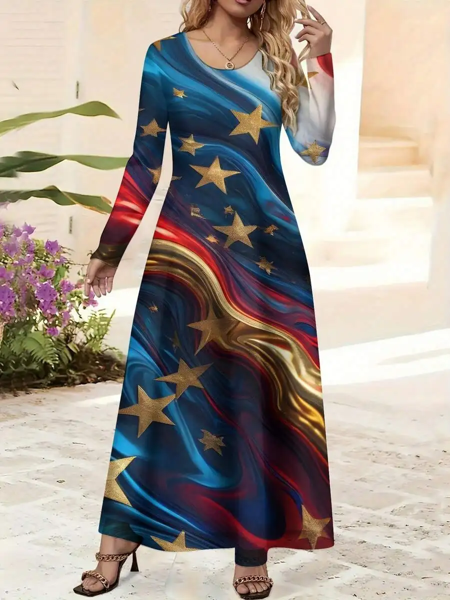 

Women Elegant Maxi Dress Blue Red Gold Star Swirl Print Round Neck Long Sleeve Floor Length Evening Gown