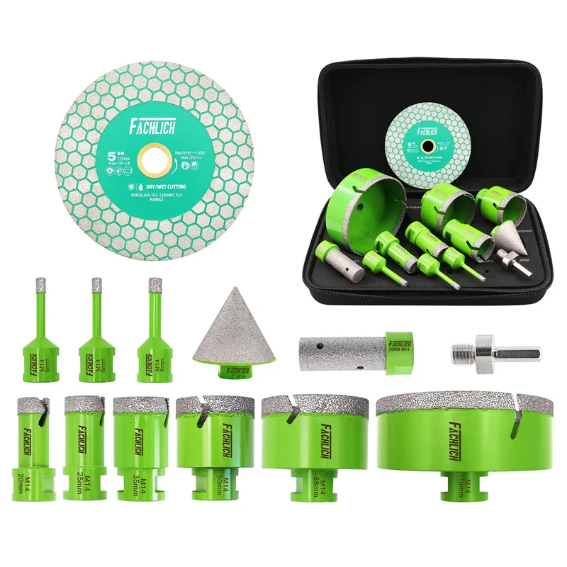 FACHLICH Diamant Kernboorbits Set 12 stuks 6-110mm+20mm Vingerfrees+50mm Afgeschuinde Chamfer Bits+Adapter 125mm Slijpschijf - afbeelding 2
