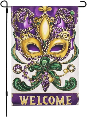 Mardi Gras Welcome Garden Flag 12X18 Masquerade Mask Fleur De Lis Carnival Doubl OOV IIC
