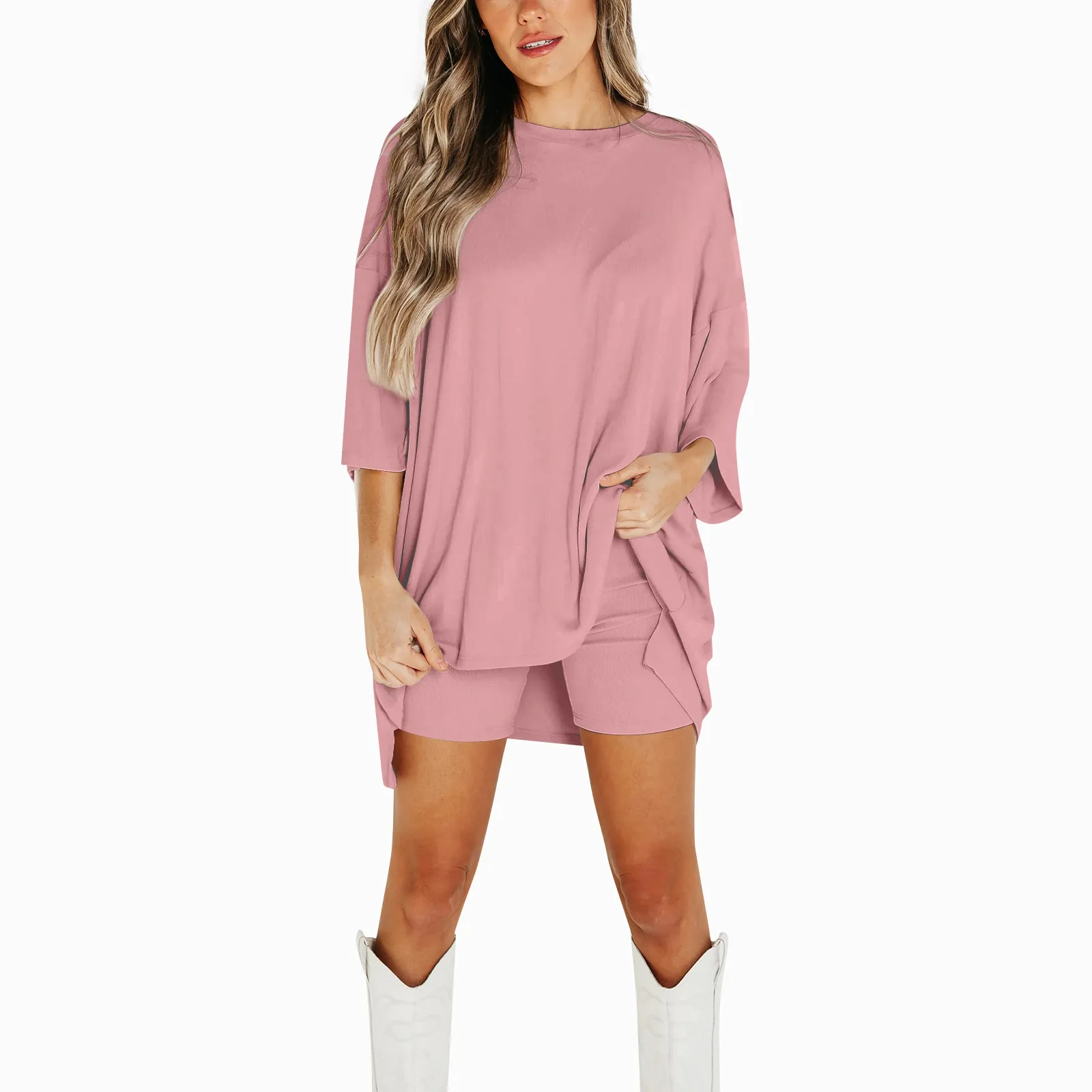 Two Piece Solid Color Basic Versatile Daily Life Plus Size Round Neck Short Sleeves Drop Shoulder Top And Loose Shorts Set For F