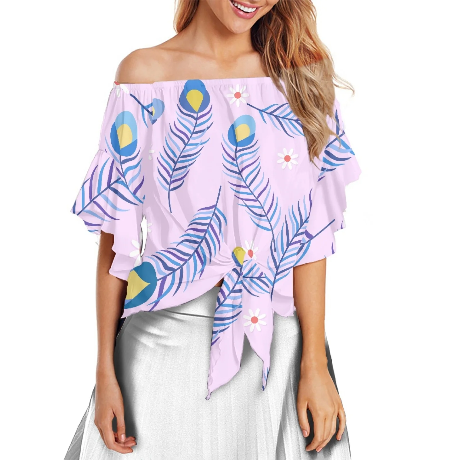 

Women Off Shoulder Loose Tops Women Shirt Polynesia Tribe Womens Clothing Flare Sleeve Colorful Feather Print Blouses Top