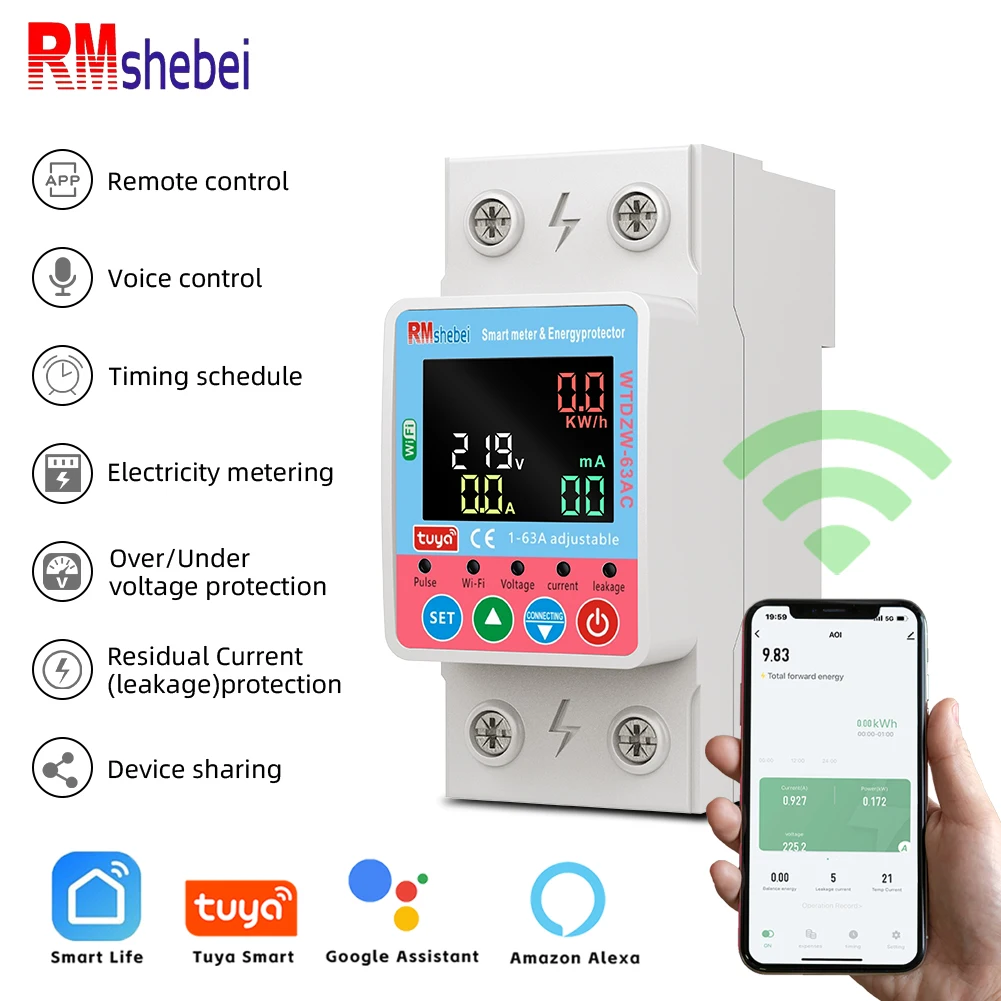 RMshebei Tuya Smart WiFi Circuit Breaker 220V 2P 63A Remote Control Auto Reclosing Over-Voltage Overload Leakage Protection