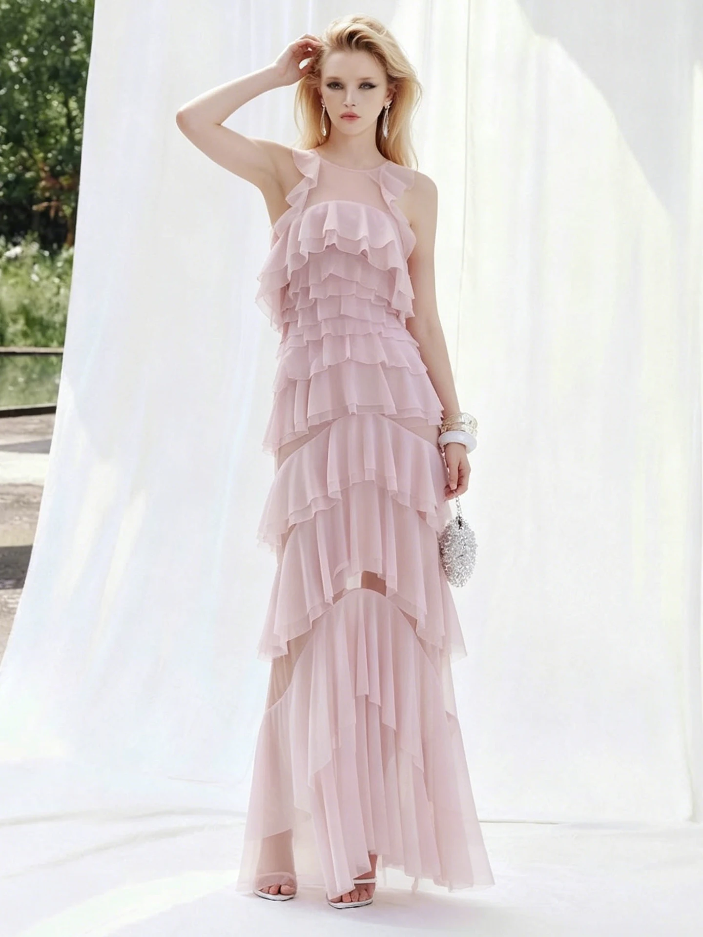 

Kliou Mesh Tierred Design Long Dress Woman Summer Trend o-Neck Backless Sleeveless Evening Prom Party Ruched Elegant Vestidos