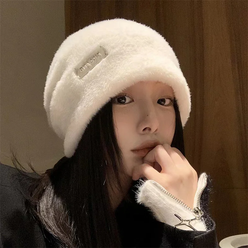 

Plush Beanies Hats For Women Winter Warm Solid Baggy Fleece Wool Skullies Hat Outdoor Coldproof Thicken Caps