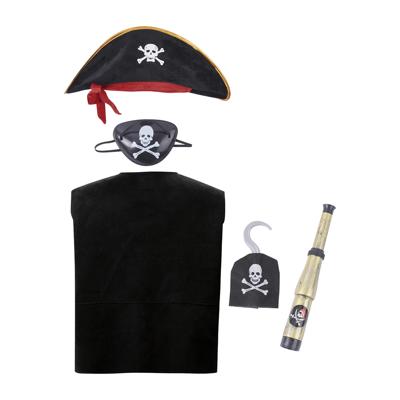 Unisex Kids Pirate Costume Set Sleeveless Lace-up Waistcoat with Hat Blindfold Telescope Hook for Halloween Cosplay Dress Up