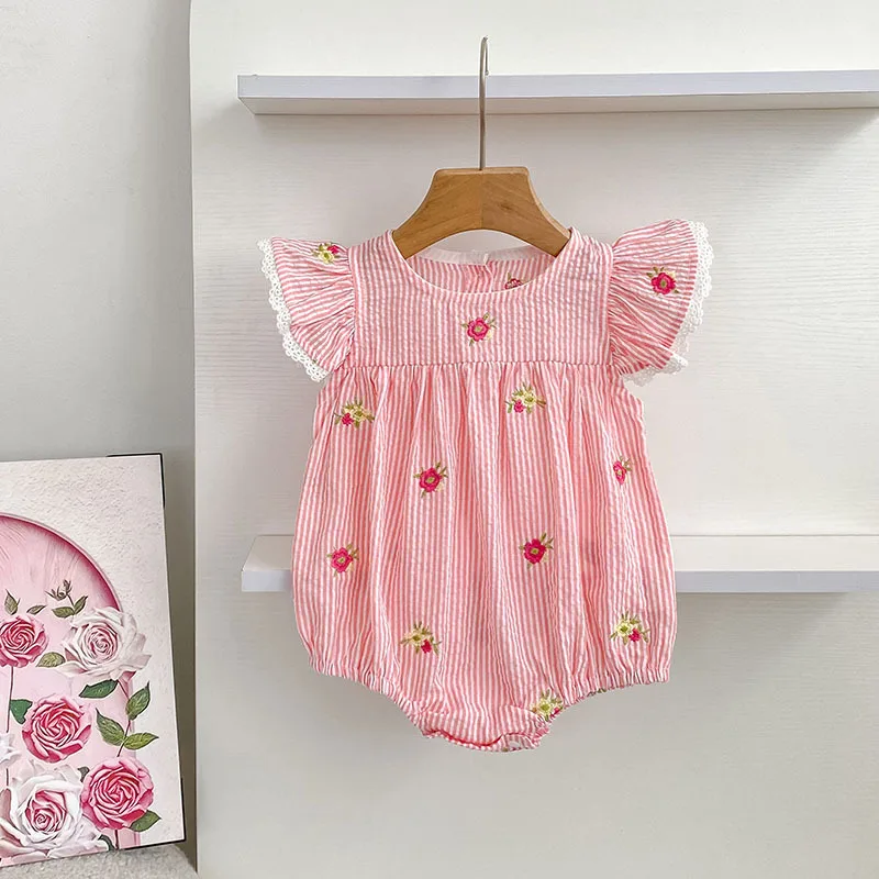 Girls Onesie 2026 Spring and Summer New Childrens Clothes Korean Style Girl Baby Thin Embroidery Flying Sleeve Lace Onesie