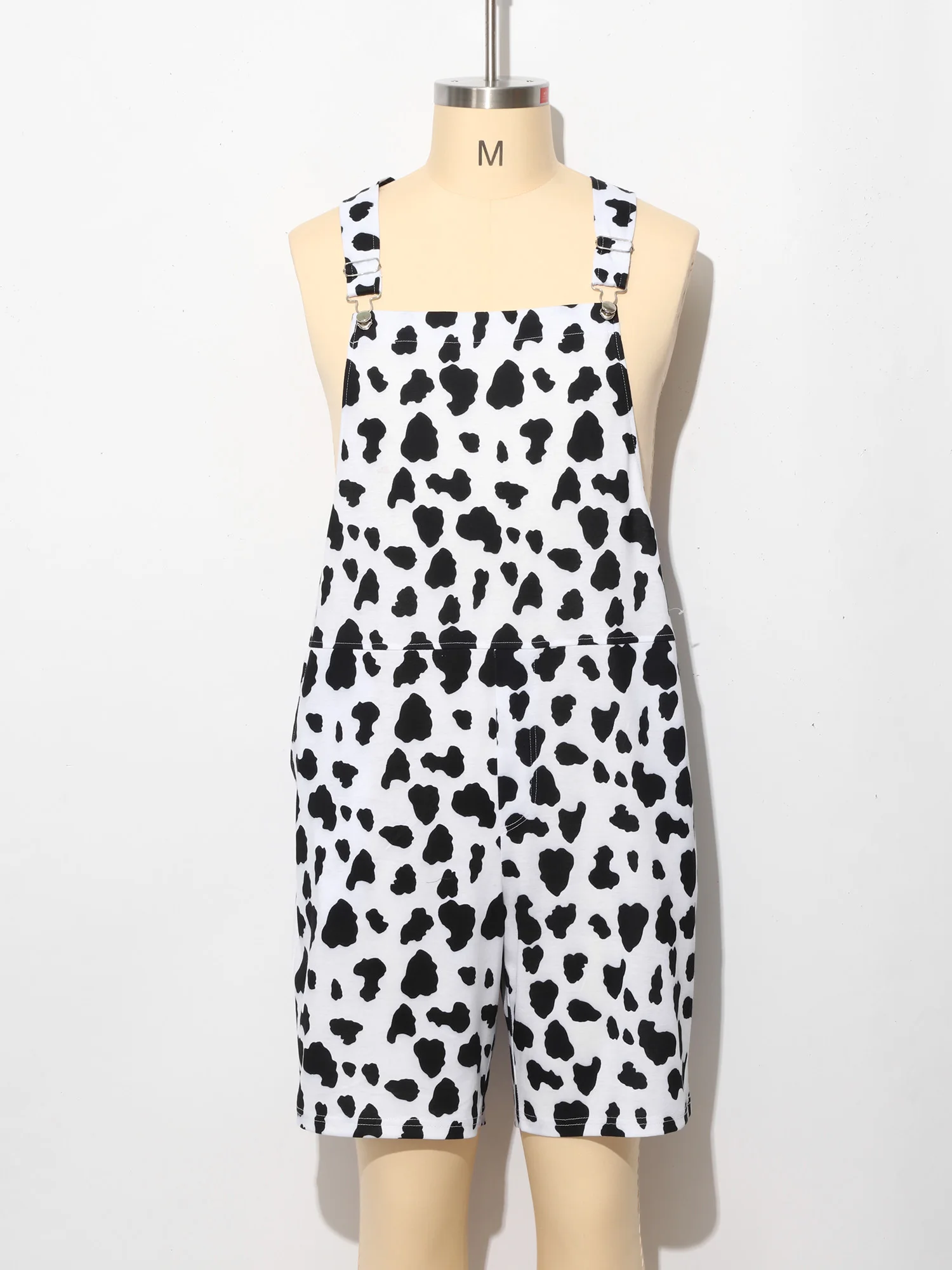 Men Cow Print Bib Overalls Adjustable Shoulder Straps Rompers Thigh Length Jumpsuit with Pockets for Casual Outings Beach Wear