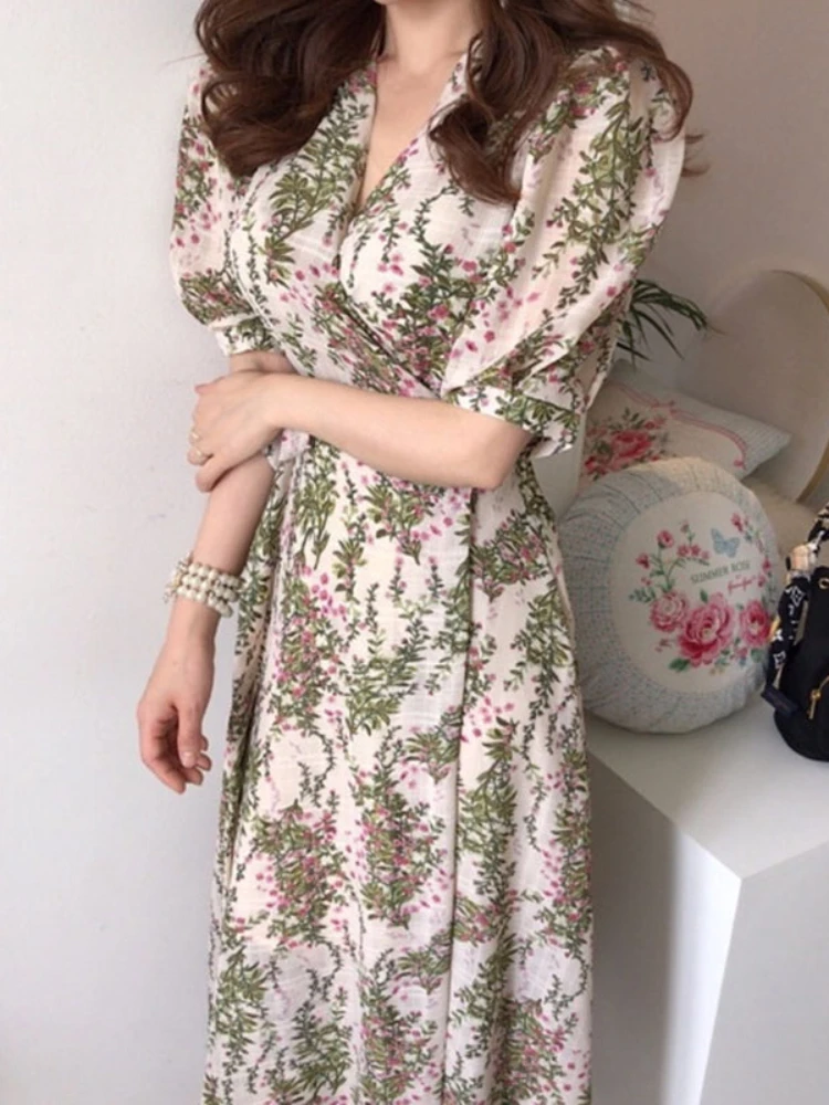 Summer Elegant Pinrt Long Dress Women Sexy V-neck Loose High Waist Bandage Bubble Sleeves Chiffon Floral Dresses Vintage Robe