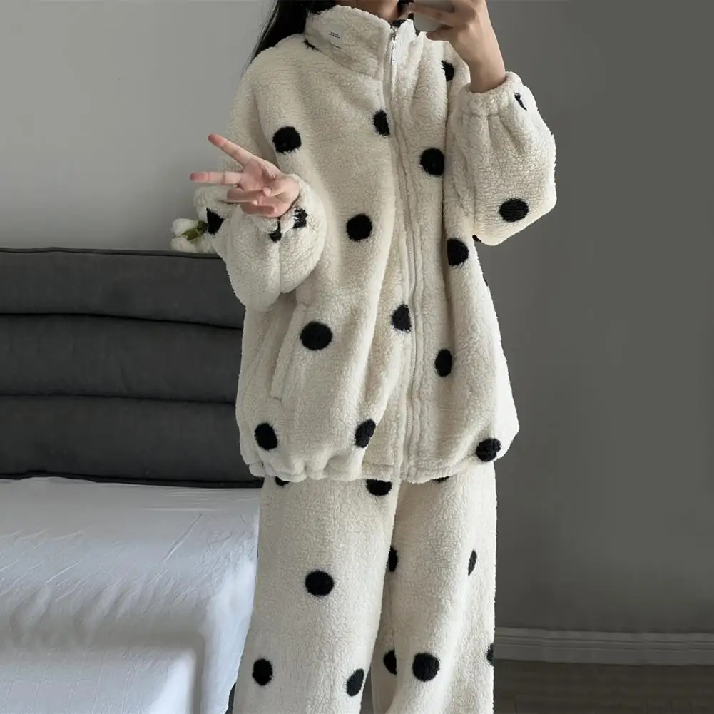 

Winter Loungewear Set Cozy Winter Pajamas Set for Women Thick Fleece Zip-up Sleepwear with Dot Printing Long Sleeve Top Loose
