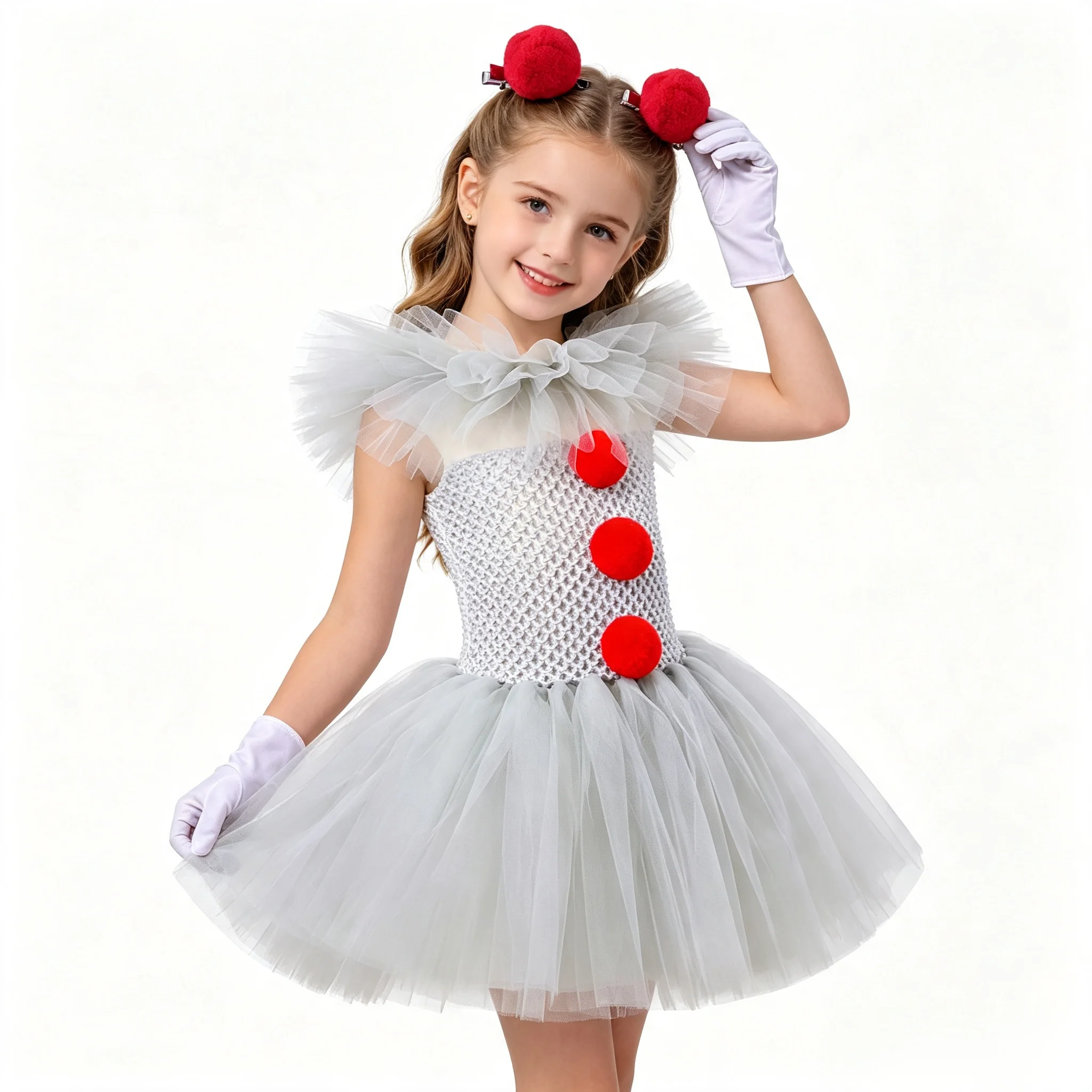 Girls Clown Halloween Costume Grey Tulle Tutu Dress with Red Pom Pom Hair Clips White Gloves Kids Carnival Cosplay Outfit