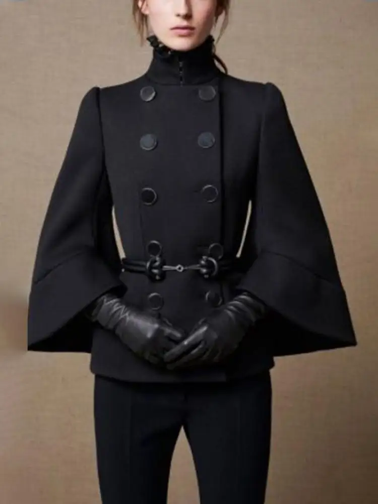 Yeezzi Women England Style Buttoned Solid Color High Neck Jackets Coats 2024 New Autumn Flared Sleeves Elegant Outerwear No Belt