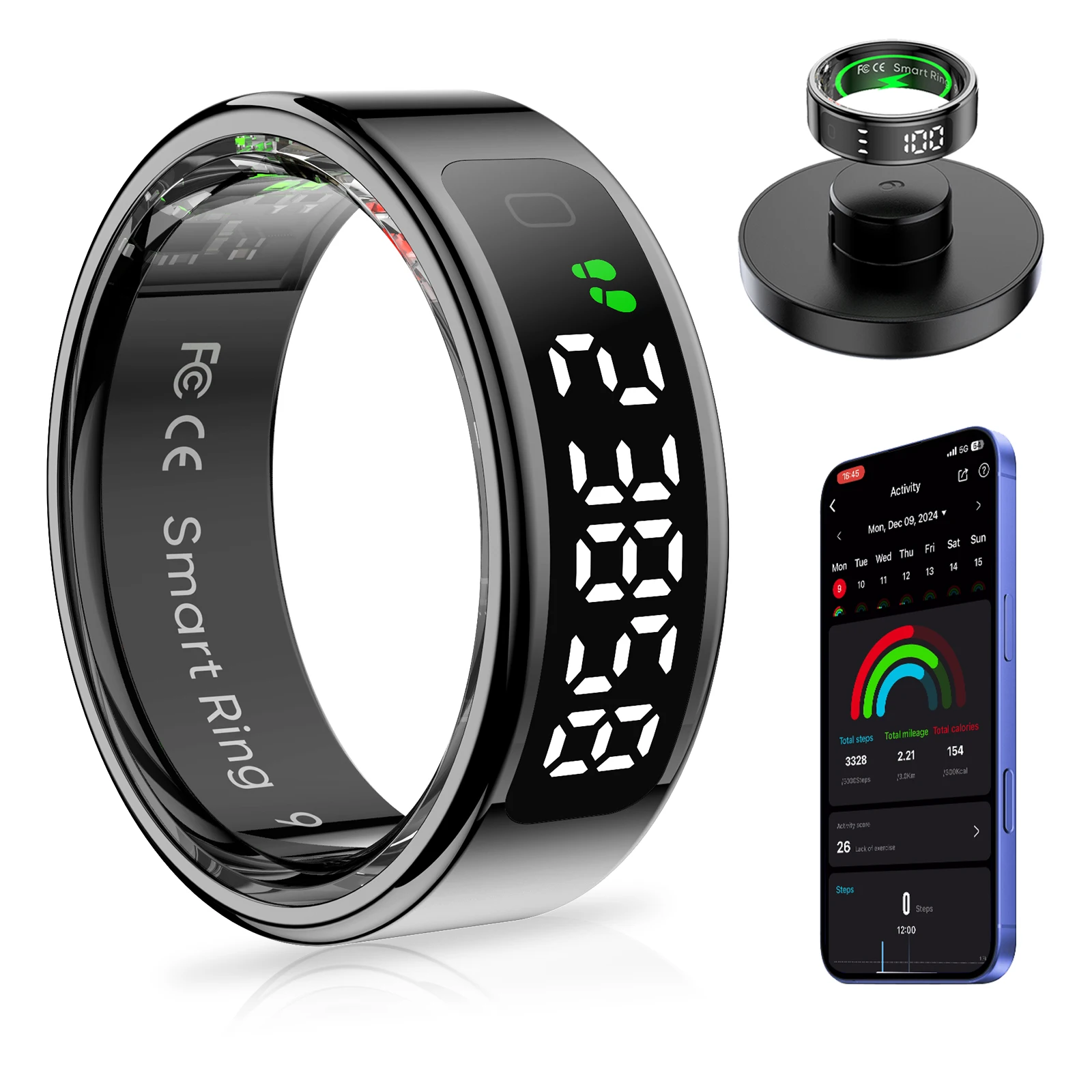 AMOVAN Smart Ring con display a LED Tracker sanitario e pulsante a sfioramento, connessione Bluetooth Monitor sanitario