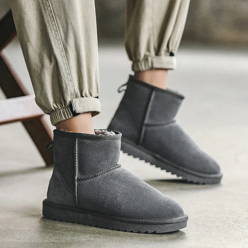 Fashion Cow Suede Leather Snow Boots for Men Winter Warm Ankle Boots Thick Faux Fur Lined Non-Slip Rubber Soles Slip-On Size 45