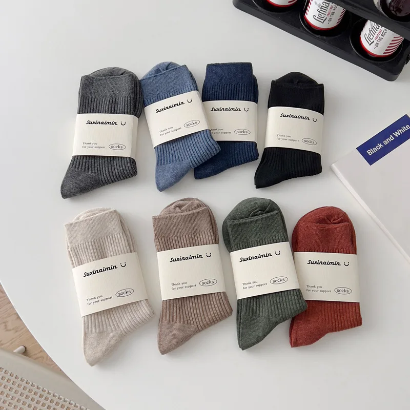 

8 Pairs Warm Men's Mid-Calf Socks Set Fall Winter Solid Color Cozy Knit Cotton Socks Fashion Sports Casual Grip Socks Wholesale