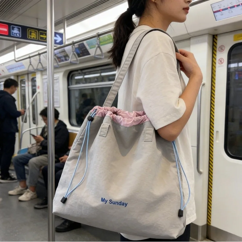 Fashion Nylon Drawstring Handbag Lightweight Square Canvas Shoulder Bag Large Capacity Solid Color Crossbody Bag Unisex