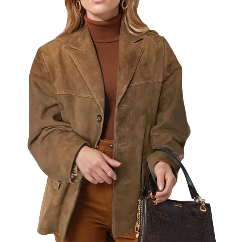 Casual Brown Lapel Pocket Suede Leather Jacket Fashion Woman Single Button Long Sleeve Crop Coat 2024 Lady Autumn Street Outwear